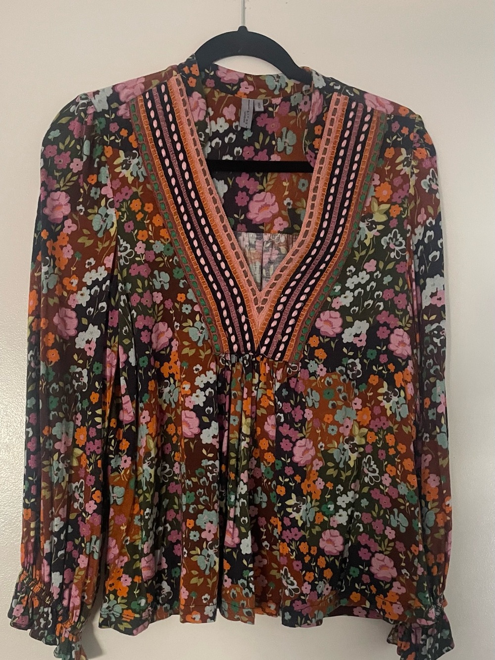 Blank NYC Floral V-Neck Peasant Blouse - Pink & Brown